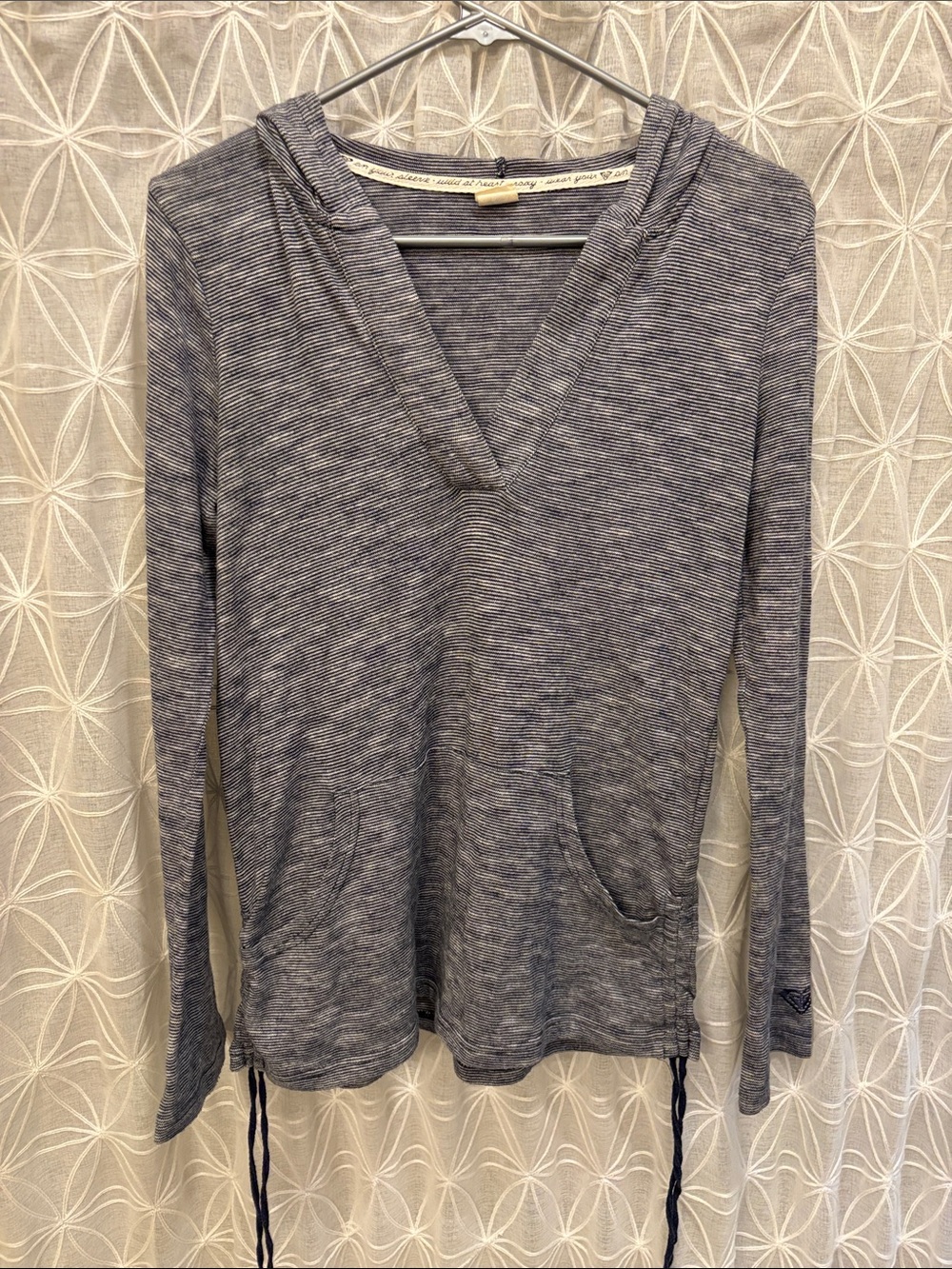 Roxy Blue Striped Lightweight Hooded V-Neck Pullover